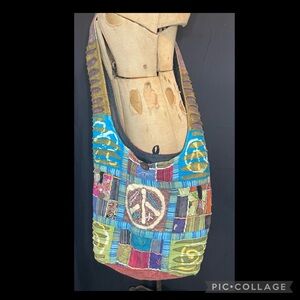 Hippie Cotton Boho Festival Peace Sign Design Patchwork Hobo Shoulder Bag